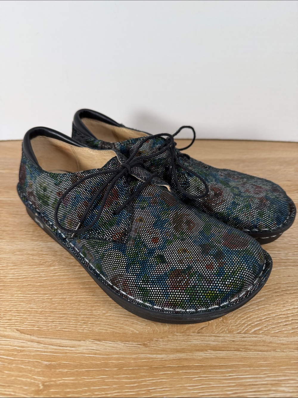 Alegria Bree Multi dot floral black flats leather
